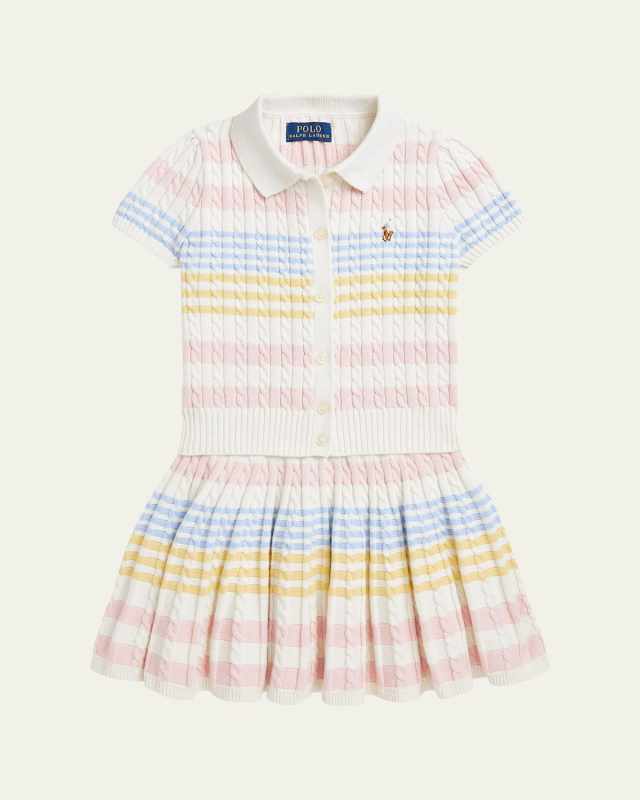 Girl's Two-Piece Stripe Cardigan and Skirt Set, Size S-XL